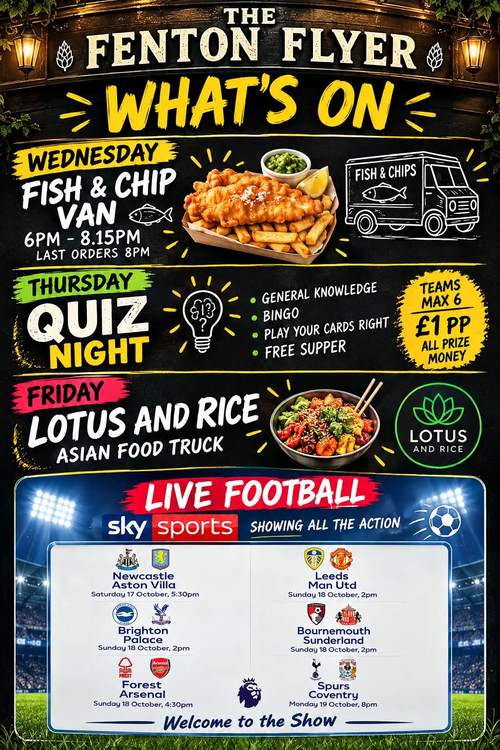 What’s on at The Fenton Flyer: Wednesday fish and chips 6–8.15pm, last orders 8pm; Thursday quiz; Friday Lotus and Rice; live football.