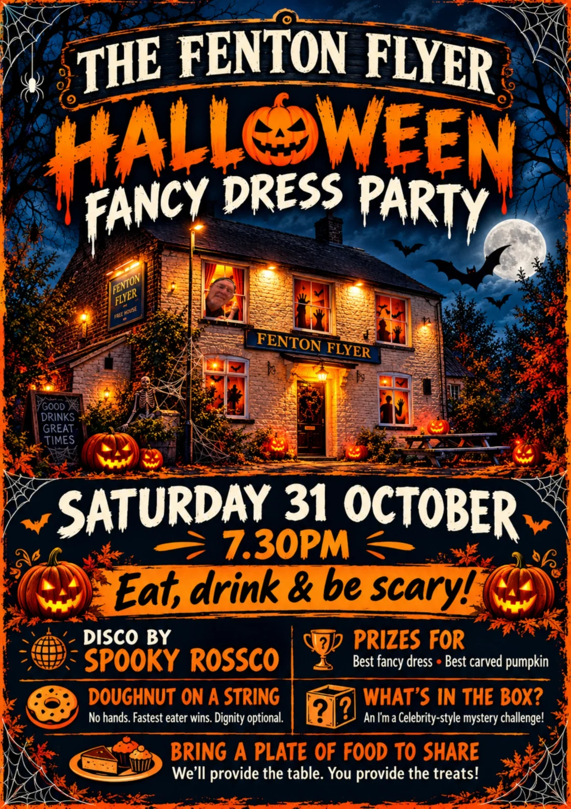 Halloween fancy dress party on Saturday 31 October at 7.30pm. Spooky Rossco disco, costume and pumpkin prizes, party games and shared food.
